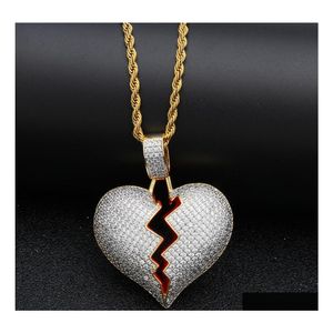 Anhänger Halsketten Iced Out Cz Broken Love Heart Bling Zirkonia Gold Sier Charm Twisted Chain Für Frauen Männer Rapper Hip Hop Drop Otlha