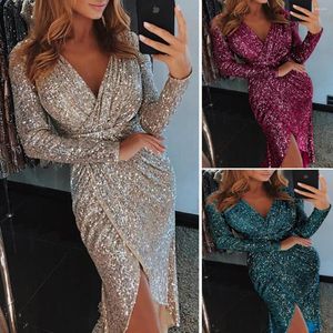 Casual Dresses Shiny Sequined Elegant V Neck Dress Sexy High Split Waistband Party Prom Midi Bridesmaid Ladies Evening