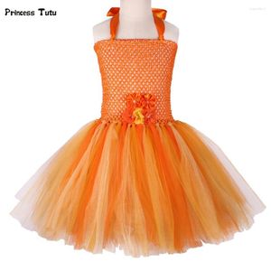 Girl Dresses Orange Gold Flower Girls Tutu Dress Princess Performance Birthday Party Children Kids Halloween Pumpkin Costume 1-14Y