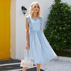 Casual Dresses Summer Solid Color Vintage Dress Ruffled Sleeveless Party Round Neck Big Swing 2023 High Waist A-Line
