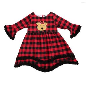 Abiti da ragazza Toddler Infant Baby Christmas Dress manica lunga festa scozzese rossa con simpatico cartone animato motivo renna di Babbo Natale