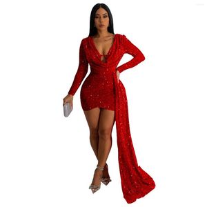 Casual Dresses Zoctuo Damen Lange Robe Boden Nachtkleid Festival Club Party Pailletten Perlen V-Ausschnitt Volle Ärmel Kleid Vestidos Straße