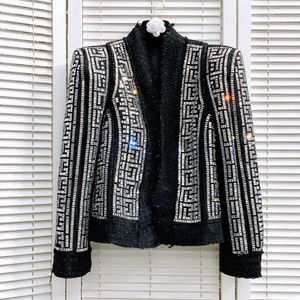 Kvinnors kostymer Blazers High Street nyaste designer Stylish Peak Shoulder Rhinestone Diamonds Beaded Wool Blends Tweed Jacket Y017
