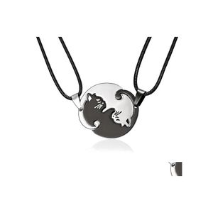 Pendant Necklaces Animal Black White Cat Stitching Necklace Simple Friendship Gift Heart Shape Gold Cute Couple Rope Chain 2Pcs/Set Otdn0