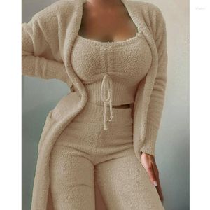 Women's Sleepwear 2023 Autumn Winter Women's Velvet Pajamas Set Matching Crop Top Long Pants Coat 3 Pieces Suit Warm Fleece Homewear