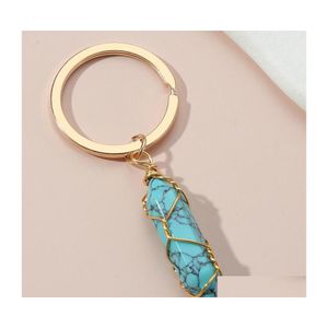Konst och hantverk Design Keychain Colorf Natural Stone Turquoise Key Chains Wire Wrap Ring For Women Men Handbag Accessorie Handmade J DHFIB