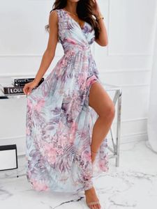 Abiti da lavoro Summer Floral Print Abito senza maniche a V-Neck Women Women Elegant Highless Wortless Party Maxi Fashi