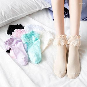 Women Socks 4 Pairs Lolita Harajuku Retro Lace Short Ankle JK Frilly Ruffle Cotton Princess Girls Soft Wedding Dance White