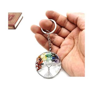 Key Rings Handmade Natural Crystal Stone Round Tree Of Life Pendant Holder For Women Girls Car Bags Accessories Drop Delivery Jewelry Otmfu