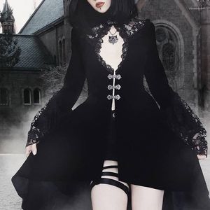 Casual Dresses Black Goth Dress Elegant Sexy Lace Patchwork Long Flare Sleeve Button Embellished High Low Vestidos Gothic Medieval 2023