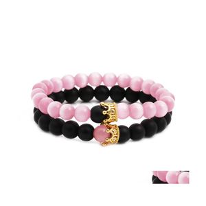 Bracelets de charme 2pcs Conjunto de moda de moda Black Black Matte Cats Eye Opal Bracelet Crown para mulheres e homens D￪ um parto judeu DHIBC