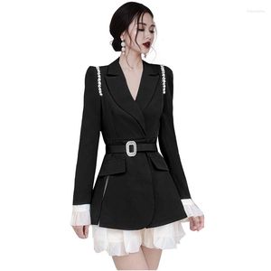 Casual Dresses Vintage Runway Fashion Ruffles Patchwork Diamonds Women's Blazer Dress 2023 Spring hacked Slim Mini With Belt