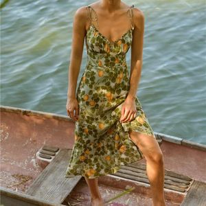 Casual Dresses Floral Print Women Slip Midi Dress 2023 Spring Summer Spaghetti Strap V-neck Beach Style Female Long RobesCasual