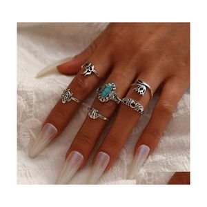 Band Rings Fashion Jewelry Knuckle Ring Set Geometric Animal Turtle Elephant Crown Turquoise Stacking 6Pcs/Set Drop Delivery Dhtnk