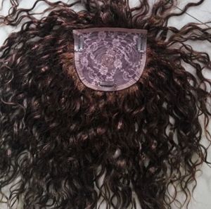 100%Human natural curly hair topper for women with thinning hair weft base cheap easy with clips 4x5" 12-20inch medium brown