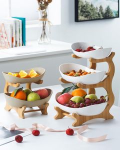 Tallrikar 2/3 nivåer Plastfrukt med trähållare Korg Candy Cake Stand Snack Dish Sallad Bowl Display hyllor