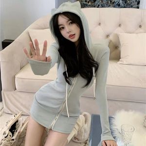 Abiti casual in stile coreano kawaii mini abiti neri donne maniche lunghe zip harajuku con cappuccio vestiti di moda streetwear