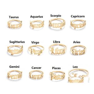 Cluster Rings Gold Sier Color 12 Constellation Adjustable For Women Cancer Leo Virgo Libra Letter Ring Zodiac Star Steel Metal Drop Dh7Gn