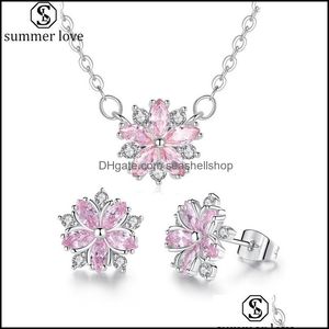 Ohrringe Halskette Kirschblüten-Schmuckset Eleganz Sakura-Blumen-Anhänger-Bolzen für Brautjungfern-Sets Giftz Drop Lieferung Dhzw2