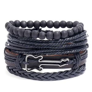 Bracelets de charme guitarra punk preto para homens moda hollow triangle couro pulseira pulseira de pulseira multicamada larga jóias s6670Charm
