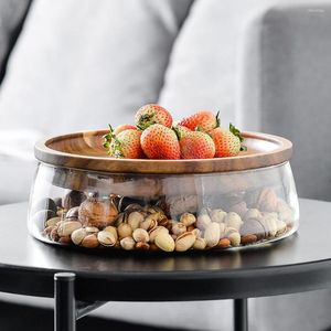 Пластины Acacia Glass Fruit Plate Box Box Double Layer Candy Container с деревянной крышкой для домашней кухни