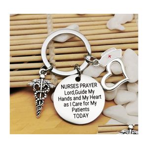 Key Rings Ring Heart Charm Pendant Nurse Keychain Medical Logo Cap Engrave Words Nurses Prayer Lord Stainless Steel Gifts Drop Deliv Dho1M