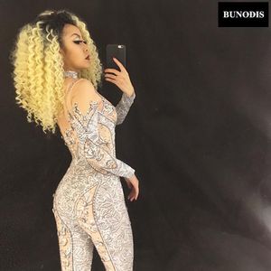 Women's Jumpsuits & Rompers ZD084 Silver 3D Printing Sexy Sparkling Crystals Jumpsuit Bling Bodysuit Nightclub Birthday Party Performance St