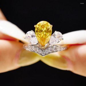 Wedding Rings Europe America Style High-end Jewellery Women Lady Settings Pear Shape Yellow Blue Cubic Zircon Silver Color Royal Crown Ring