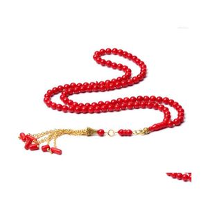 Beaded Strand Islamic Prayer Beads Muslim Tespih Sier Tasbih Natural Red Coral Stone Rosary Sibha Round 5Mm 99 Drop Delivery Jewelry Dhkdv