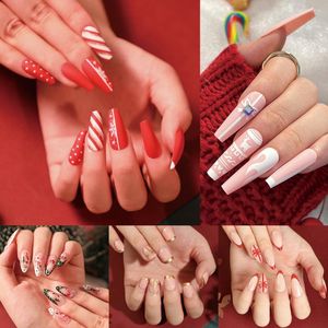 False Nails 24Pcs Christmas Elk White Snowflake Red Removable Wearable Artificial Fake Press On Nail Art Glitter Reusable