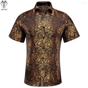 Freizeithemden für Herren, Hi-Tie, Schwarz, Gold, Blumenmuster, kurze Ärmel, Herren, Social-Jacquard-Seide, elegantes Hawaii-Hemd für Herren, Übergröße, Hochzeit, Büro