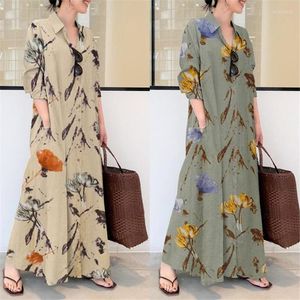 Casual Dresses 2023 Spring Fashion Style Printed Lapel Long Sleeve Pocket Loose Cotton and Linen Bekväm klänning Kvinnlig trend