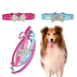 Hundehalsbänder Strass Bling Leder Katzenhalsband Leine Kristall Diamanten besetzt Niedliche Schleife Welpe Kleine Hunde