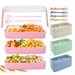 3 lager Lunchlåda Vete Straw Bento Box Transparent Lid Food Container för arbete Travel Portable Student Lunch Boxes Containrar 1223949