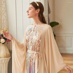 Roupas étnicas Mulheres muçulmanas vestido longo elegante o pescoço lancho de laço de lancho impressão borboleta femme ramadã peru no meio do leste dubai abayas