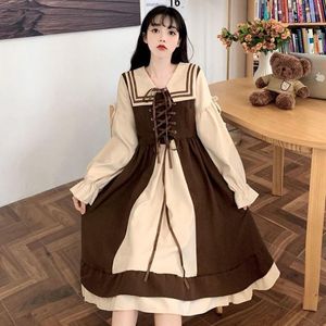 Casual Dresses French Sweet Fairy Kawaii Plus Size Lolita Clothes Vintage Women Navy Sailor Collar Dress Patchwork Lantern Sleeve Ruffles