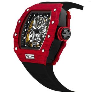 Wristwatches PINTIME Wholesale Men Sport Automatic Watch Mechanical Movement Rubber Strap Luxury Style Hollow Dial Gift