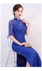 Etnik Giyim Kadınları Cheongsam Elbise Kırmızı Sapırlar Dantel Göster Kostüm Uzun Elbiseler Çin tarzı qipao İnce Düğün Mavi Siyah