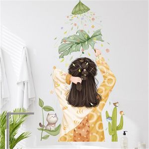 Vägg klistermärken söta flickor sovrum sovsal dekoration palm lämnar landskap för barn rum badrum dekaler konst väggmålning