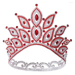 Başlıklar DA296-1 Parlak Avrupa Düğün Headdress Tiara Sahne Güzellik Pageant Kırmızı Rhinestones Barok Gelin Yuvarlak Taç