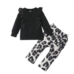 Roupas conjunta pequena camiseta para menina e calça de algodão de calça de algodão Moda de cor sólida com mangas compridas calças de leopardo babados