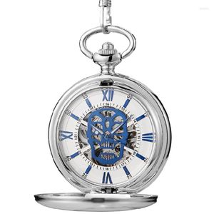 Pocket Watches Roman Numeral Mechanical Watch for Men Women Skeleton Skull Dial Relloj Gift Box Fob Chain Pinging Mechanisch Zakhorloge