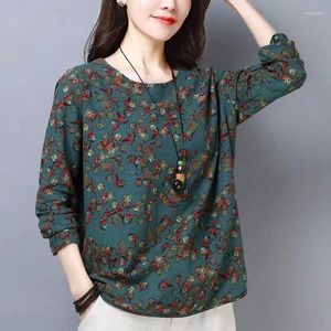 Blusas femininas camisa de linho de algodão mulheres de manga comprida blusa floral tops tops casuais tee túnicos o pescoço v2200