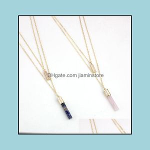 Colares pendentes azul rosa quartzo dupla camada mtilayer cilindro cilindro natural suéter de ouro natural longo para mulheres jóias otvtp