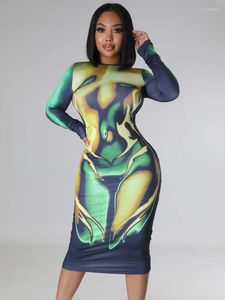 Casual Dresses Women 3D Body Print Midi för våren Elegant Party Night Club Outfits Sexig o-hals långärmad kroppskonklänning