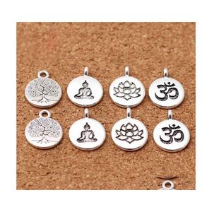 Charms 10pcs/lote tibetano sier redondo tag lotus // buddha 15mm pingentes de metal artesanal DIY Fazendo acessórios Drop Drop Encontre Dhdoy