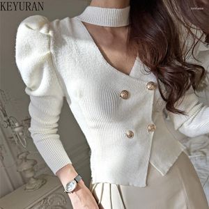 Frauen strickt 2023 Frühling V-ausschnitt Halter Zweireiher Pullover Frauen Koreanische Art Und Weise Dünne Lange Hülse Weiße Strickjacke Abgeschnitten Femme