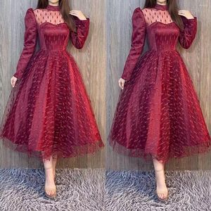 Casual Dresses 2023 INS High-end Network Sexy Club Young Dot Patchwork Lace Turtleneck Full Sleeve Women High Waist Long Ball Gown Dress