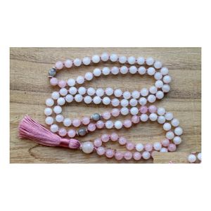 Anhänger Halsketten 108 Mala Bead Whitejade Rosequartz Halskette Spiritueller Schmuck Quaste Rosa Handgeknüpfte Yoga Gebet Drop Lieferung Pe Dh5Se