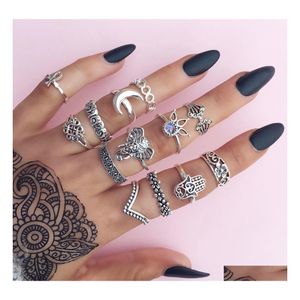 Band Rings Fashion Jewelry Ancient Sier Gold Knuckle Ring Set Flower Elephant Crescent Stacking Midi 13Pcs/Set Drop Delivery Dhxhr